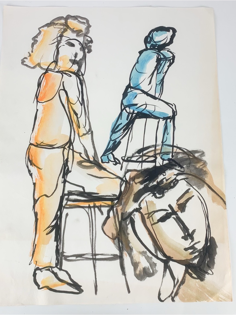 Vintage Watercolor Figural Chair Painting Paper Mid Century Mod Rosemarie Hahn